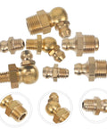 Grease Fittings Kit With Straight And Angled Nozzles For Automotive And Industrial Use Includes Storage Box For Easy Organization Assorted Nipples And Fittings For Repairs And Maintenance, shown in various angles of brass fittings.