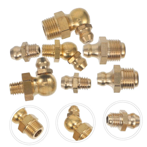 Grease Fittings Kit With Straight And Angled Nozzles For Automotive And Industrial Use Includes Storage Box For Easy Organization Assorted Nipples And Fittings For Repairs And Maintenance, shown in various angles of brass fittings.