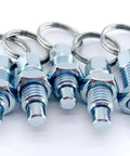 Hella Tough M10 Carbon Steel Spring Plunger With Pull Ring, No Fuss Retractable Indexing Pin For Quick Release Locking, Smooth Operation Cabinet And Industrial Gear 5 Pack, showcases five manual indexing pins with pull rings.