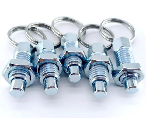 Hella Tough M10 Carbon Steel Spring Plunger With Pull Ring, No Fuss Retractable Indexing Pin For Quick Release Locking, Smooth Operation Cabinet And Industrial Gear 5 Pack, showcases five manual indexing pins with pull rings.