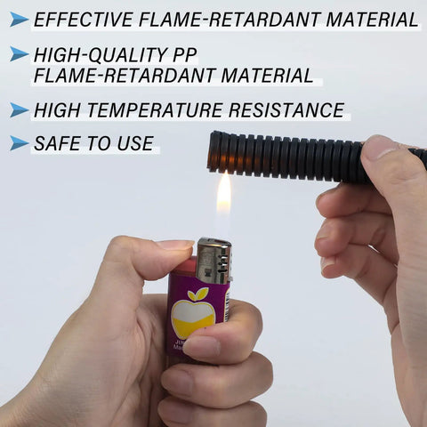 Person testing flame resistance on Split Wire Loom Tubing, Heavy Duty High Temperature Flame Retardant Cable Sleeve, black, half inch diameter