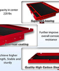 Close-up details of Rolling Tool Cart And Workbench On Wheels, Adjustable Height Heavy-Duty Mechanic Table with red anti-rust coating and high carbon steel construction.