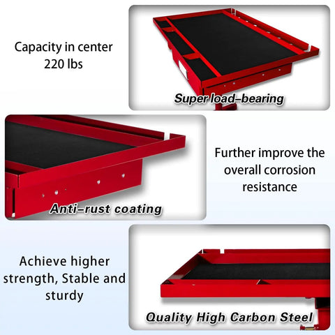Close-up details of Rolling Tool Cart And Workbench On Wheels, Adjustable Height Heavy-Duty Mechanic Table with red anti-rust coating and high carbon steel construction.