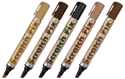 Premium Wood Stain Touch Up Pens With Five Millimeter Chisel Tips for repairing scratches and dings on wood surfaces.