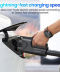 Nacs To Ccs1 Adapter With Secure Interlock For Tesla Superchargers used for fast charging at a station with electric vehicle.