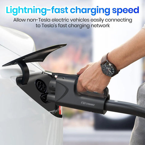 Nacs To Ccs1 Adapter With Secure Interlock For Tesla Superchargers used for fast charging at a station with electric vehicle.