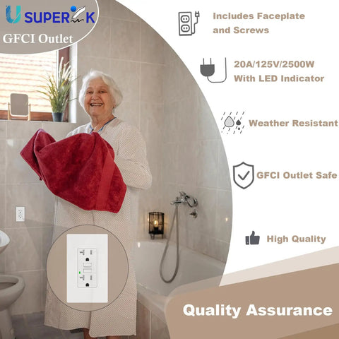 GFCI Outlet 20 Amp Self Test With LED Indicator, Weather Resistant, Indoor Or Outdoor Use, Screwless Wall Plate Included, ETL Listed