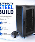 Badass Heavy Duty 18U Server Rack Cabinet With Smooth Rolling Locking Wheels And Adjustable Depth For 19 Inch Network Gear And Tight Cable Setup, featuring heavy-duty steel build for durability.