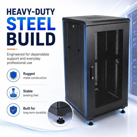 Badass Heavy Duty 18U Server Rack Cabinet With Smooth Rolling Locking Wheels And Adjustable Depth For 19 Inch Network Gear And Tight Cable Setup, featuring heavy-duty steel build for durability.