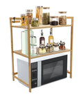 Top Shelf Heavy Duty Double Tier Microwave Stand With Cutting Board Holder And Four Utensil Hooks For Countertop Storage Kitchen Organization No Sweat Setup, featuring jars and utensils.