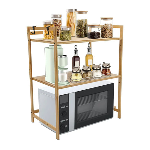 Top Shelf Heavy Duty Double Tier Microwave Stand With Cutting Board Holder And Four Utensil Hooks For Countertop Storage Kitchen Organization No Sweat Setup, featuring jars and utensils.