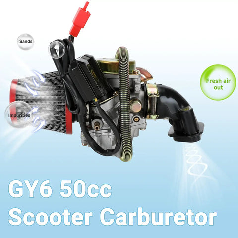 GY6 50cc Carburetor Kit PD18J fits 139QMB 4 stroke engines for Taotao Roketa Jonway Lance, with air filter and fuel line.