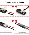 Two-pin quick-splice wire connector with red and black low-voltage leads; step-by-step connection diagram.