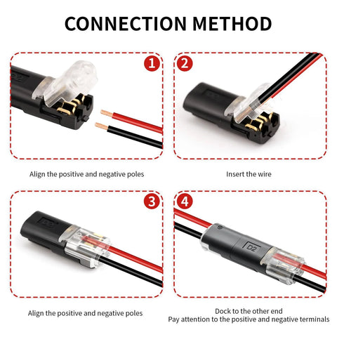 Two-pin quick-splice wire connector with red and black low-voltage leads; step-by-step connection diagram.
