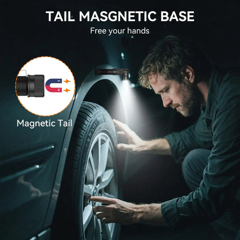 Man using 1400 Lumen Right Angle EDC Flashlight Headlamp with magnetic tail on car wheel