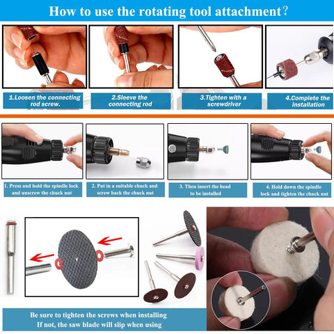 Step-by-step guide on using 105 Pcs Rotary Tool Accessory Kit 1/8 Inch Shank Universal Fit for attachments.