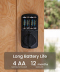 Smart Door Lock B200 With Keyless Entry, Fingerprint Scanner, showing battery compartment and 12-month battery life