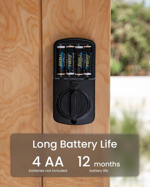 Smart Door Lock B200 With Keyless Entry, Fingerprint Scanner, showing battery compartment and 12-month battery life