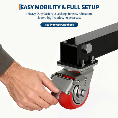 Adjustable Gantry Crane 1 Ton 2200 Lbs Portable Garage Hoist with red locking caster wheel for easy mobility and setup.