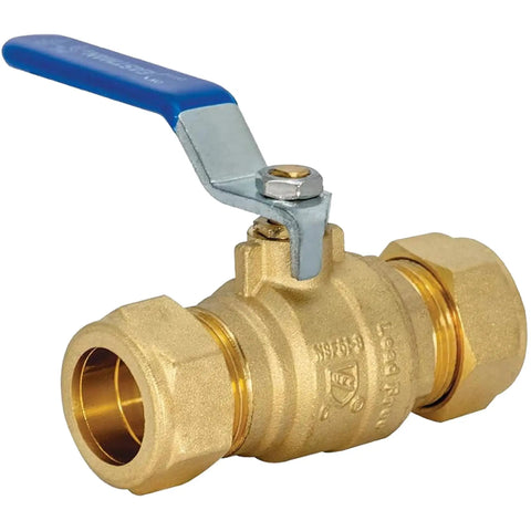 Full Port Brass Ball Valve With Three Quarter Inch Compression Ends Inline Water Shut Off Valve For Plumbing No Fuss Easy Grip Vinyl Coated Steel Lever Reliable Flow Control Model 20097LF
