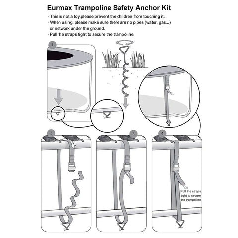 Illustration of Heavy Duty Trampoline Stakes Anchor Kit With Corkscrew Steel Stakes And T Hook installation guide.