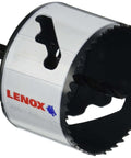 Lenox 3-inch hole saw with arbor, angled side view showing silver housing and jagged teeth
