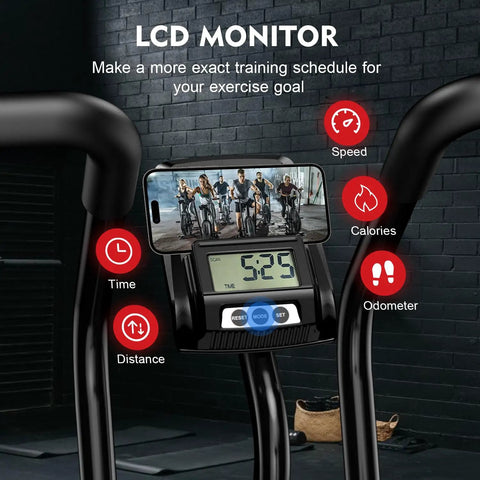 LCD monitor on Air Resistance Fan Bike With Dual Action Handlebars And Dual Layer Transmission displaying workout data.