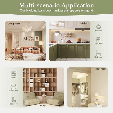 Four rooms showing Double 14 Inch Bifold Barn Doors 28 By 84 Inches White, Bi Fold Sliding Closet Doors With Hardware Kit Included.