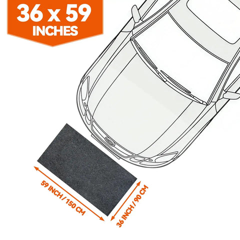 36 By 59 Inch Heavy Duty Oil Spill Mat For Garages With Upgraded Rubber Backing shown next to car illustration, dimensions indicated.