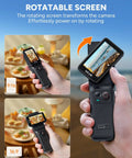 Person holding 4K Vlog Cam With 64GB Memory, 154 Degree Wide Angle Lens, 6 Axis Stabilizer, rotatable touch screen, black.