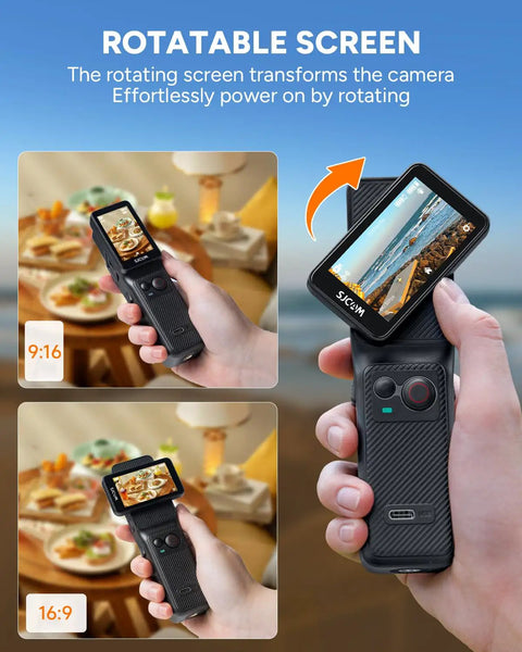 Person holding 4K Vlog Cam With 64GB Memory, 154 Degree Wide Angle Lens, 6 Axis Stabilizer, rotatable touch screen, black.