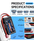 Product specifications for 2S 1500mAh 7.4V 35C LiPo Shorty Battery Pack With Dean Style T Plug for RC cars and drones.
