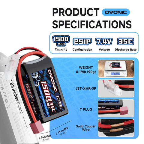 Product specifications for 2S 1500mAh 7.4V 35C LiPo Shorty Battery Pack With Dean Style T Plug for RC cars and drones.