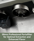 Pro Level Dual Boiler Espresso Machine With Slick Integrated Grinder And Reliable 58mm Portafilter close-up with water dripping.
