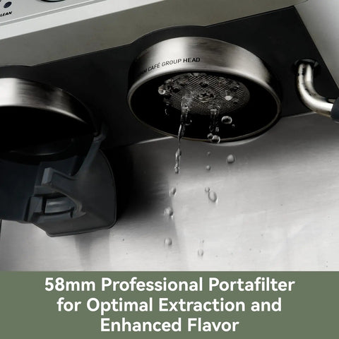 Pro Level Dual Boiler Espresso Machine With Slick Integrated Grinder And Reliable 58mm Portafilter close-up with water dripping.