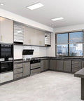 Modern kitchen with stainless steel cabinets featuring 10 Pack 8 Inch Hole Center Champagne Cabinet Pulls In Stainless Steel Square Drawer Handles
