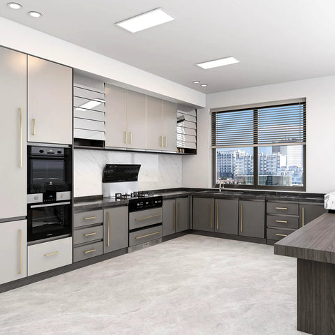 Modern kitchen with stainless steel cabinets featuring 10 Pack 8 Inch Hole Center Champagne Cabinet Pulls In Stainless Steel Square Drawer Handles