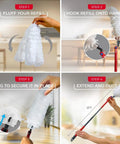 Step-by-step use of Heavy Duty Dusting Kit With Extendable 3 Ft Handle And Stay On Duster Hook Includes 3 Disposable Refills Traps 3X More Dust