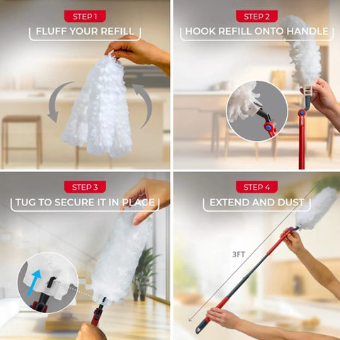 Step-by-step use of Heavy Duty Dusting Kit With Extendable 3 Ft Handle And Stay On Duster Hook Includes 3 Disposable Refills Traps 3X More Dust