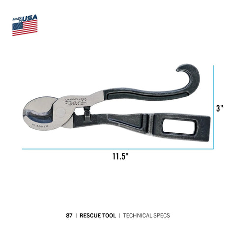 Rescue Tool 87 Lightweight 8.88 Inch Firefighter Tool With Quick Pocket Access detailed view with dimensions 11.5x3 inches