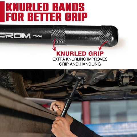 Close-up of knurled grip on Extendable Telescoping Pry Bar With Adjustable Indexing Positions That Give Straight Up Heavy Duty Leverage To Kick Rusted Bolts Free In Cramped Spots A Badass Shop Tool Every Pro Wants For Zero Sweat Pulling Power On Tough Jobs Daily.