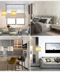 Plug In Pendant Light With 15 Foot Cord And On Off Switch, hanging in various rooms like dining, bedroom, kitchen, living room, beige shade.