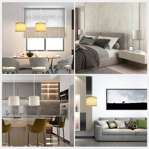 Plug In Pendant Light With 15 Foot Cord And On Off Switch, hanging in various rooms like dining, bedroom, kitchen, living room, beige shade.
