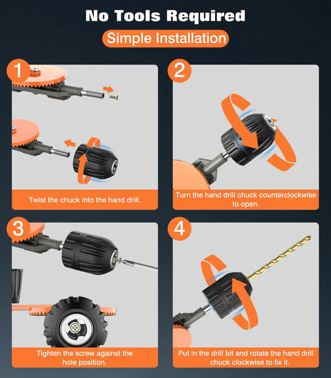Instructions for using Hand Drill With Keyless Chuck Three Eighths Inch Capacity Cast Steel Body 13-Piece Bit Set for wood and plastic.