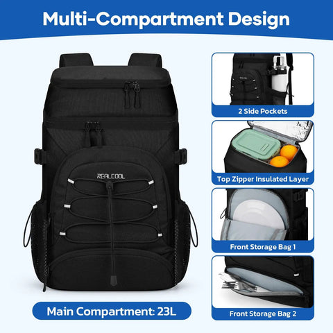 Leakproof Insulated Backpack Cooler For 33 Cans Soft Cooler Bag With Lightweight Comfort Perfect For Camping Beach Tailgate Lunch And Day Trips 23L Black showing multiple compartments.