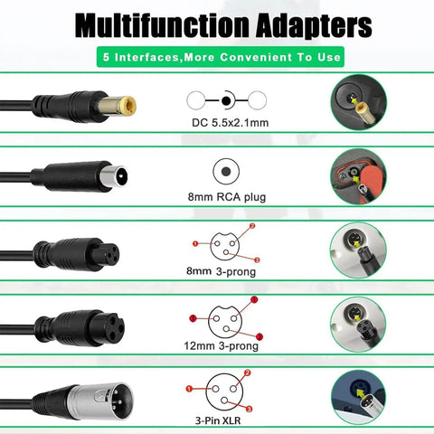 42V 2A Universal Charger With Five Plugs For 36V Li Ion Battery Packs 10S Compatibility For Razor Swagtron Gotrax Ninebot Segway Hiboy And More 3 Prong DC Interface 8mm 12mm RCA XLR