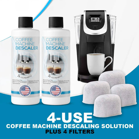 Descale Kit For Keurig 1.0 And 2.0 Coffee Makers And Espresso Machines, Descaler Solution with four uses, four filters visible