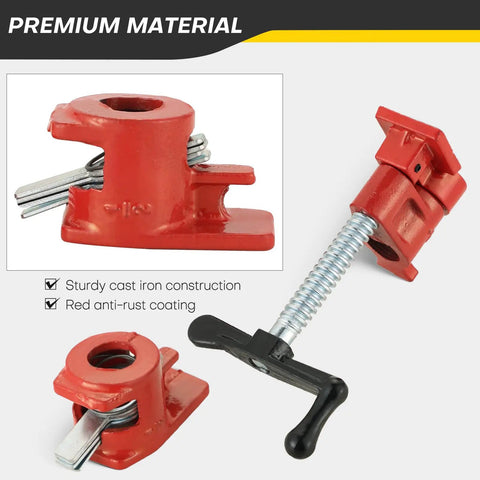 Heavy Duty Six Pack Of Half Inch Pipe Clamps For Woodworking, Built Tough cast iron clamp with red anti-rust coating.