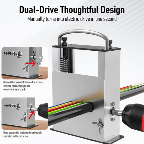 Heavy Duty Manual And Electric Drill Compatible Wire Stripper Machine close-up of dual-drive design for easy operation with colored cables.