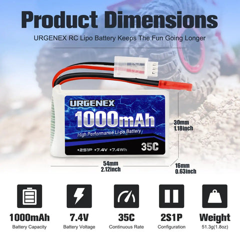 2S Lipo Battery 7.4V 1000mAh 35C Burst 70C For RC Cars With JST Plug Slim 54x30x16mm dimensions and specifications